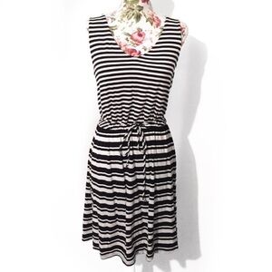 Black White Stripe Casual Dress Drawstring Belted